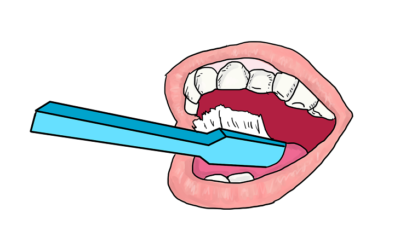 En ritad mun gapar stort. Tänderna syns tydligt. En stor blå tandborste borstar tänderna.