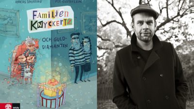 En bild på omslaget på boken och en bild på författaren. Bokomslaget är tecknat där det kikar ut två barn och en gammal tant ur ett hål i väggen. Runt hörnet står en kvinna och en man och gömmer sig. Alla har randiga kläder. Mitt framför dem alla är en glaslåda med en guldig diamant. Författaren står utomhus. Han har en jacka med knappar och en basker. Han har kort skägg och rynkor i pannan.