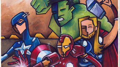 Målad bild av fyra superhjältar.
