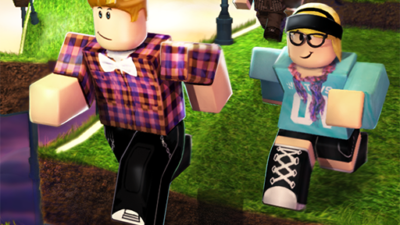 Illustrerad bild av två figurer som springer på en grön väg med texten Roblox i nederkanten.