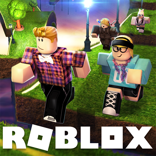 Illustrerad bild av två figurer som springer på en grön väg med texten Roblox i nederkanten.