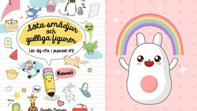 Bokens omslag och en söt tecknad figur med långa öron och en regnbåge ovanför sig. Bokens omslag är fylld av små gulliga tecknade figurer, till exempel en penna med ögon på.
