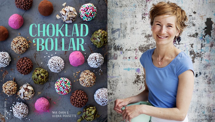 En bild på bokens om slag och en på författaren. Bokens omslag är täckt av chokladbollar med olika strössel på sig. Författaren har halvlångt hår och ler stort mot kameran. Hon har ett förkläde på sig och håller i en bakbunke.