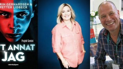 En bild på bokens omslag och bilder på bokens två författare. På omslaget är det ett allvarligt, nästan argt, ansikte som är delat i två. En av författarna är ungefär 40 år med långt ljust hår och färgglad skjorta. Den andra är lite äldre, och har inget hår alls. Båda ser väldigt glada ut.