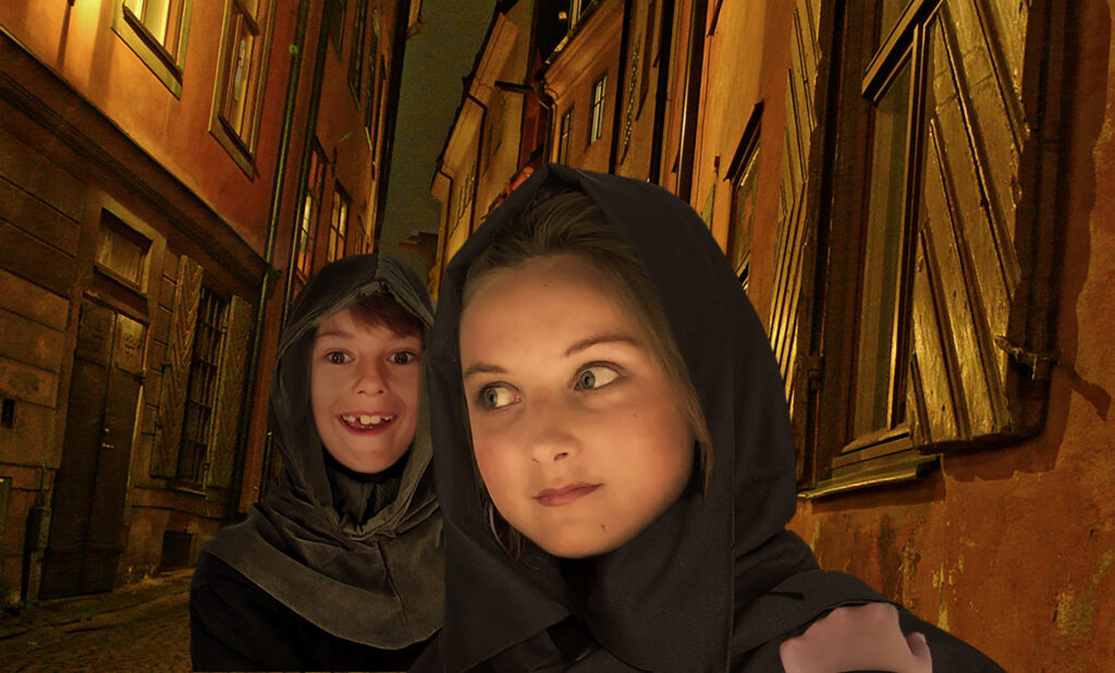 Syskonen Malva och Astor berättar gamla stans historia.