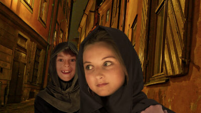 Syskonen Malva och Astor berättar gamla stans historia.